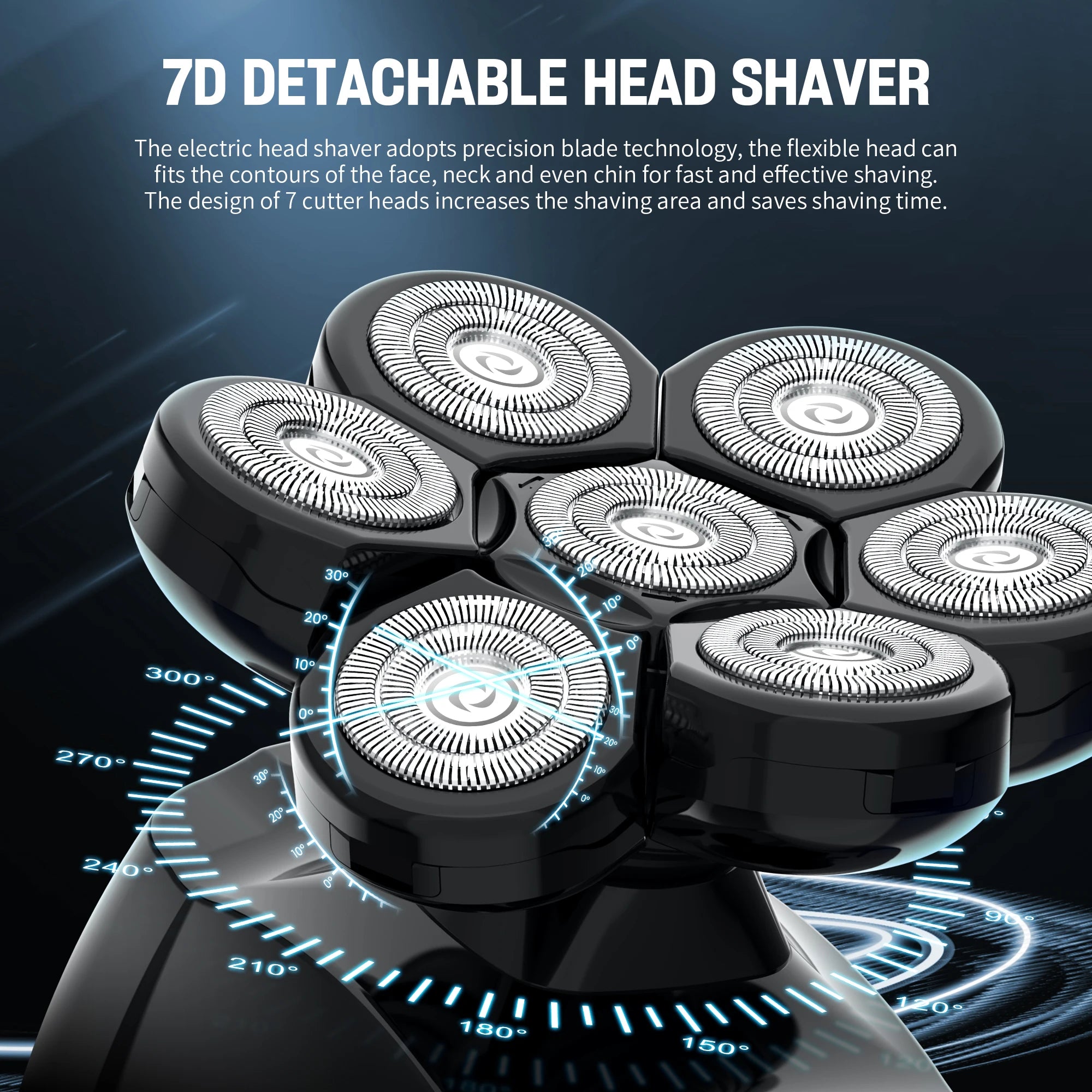 BaldMaster™ Pro Black Edition 6-in-1 Grooming Kit – Sleek black 7-rotary blade shaver with versatile attachments for head shaving, body grooming, nose and ear trimming, and precision shaving. Premium men’s grooming tools for a flawless, smooth shave.