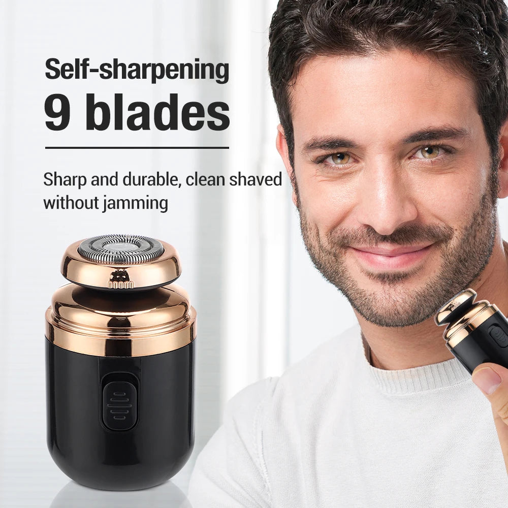 BaldMaster™ Pro Mini Electric Travel Shaver - Compact, portable shaver for men. Features a powerful, self-grinding 9-blade head for fast, smooth, and painless shaving. USB rechargeable, waterproof, and designed for easy use on the go. Ideal for face, beard, and precise grooming. Lightweight, pocket-sized design ensures convenience for travel. Available in sleek black